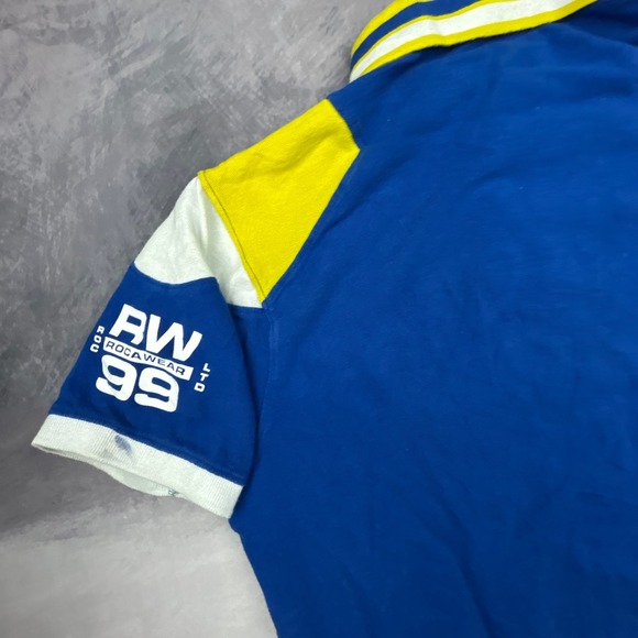 Vintage Rocawear Polo Shirt Mens Medium Blue Yellow Y2K Colorblock Streetwear - Picture 6 of 8